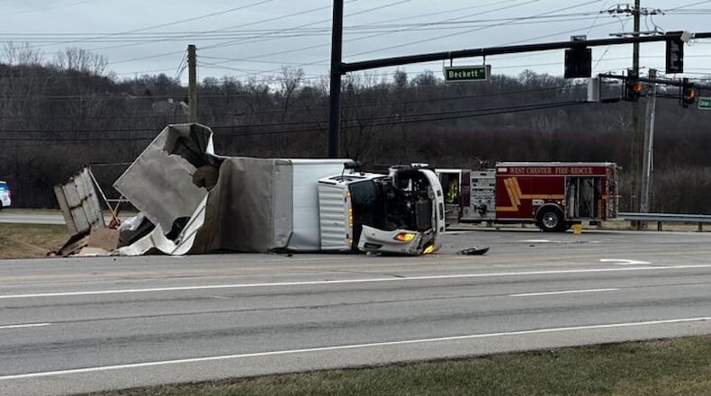 A crash happened Feb. 8, 2025 at the intersection of Union Centre Boulevard and Beckett Road in West Chester and involved a box truck and a West Chester fire engine. WCPO/CONTRIBUTED
