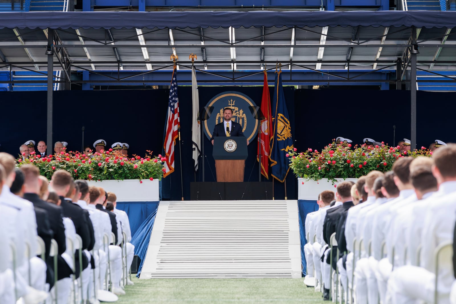 Vice President JD Vance speaks during the U.S. Naval Academy's graduation and commissioning ceremony, at the U.S. Naval Academy in Annapolis, Md., Friday, May 23, 2025. (AP Photo/KT Kanazawich)