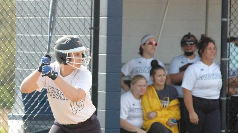 Monroe freshman Bri Rose sets up in the batter’s box April 30 during a 1-0 victory over visiting Brookville. RICK CASSANO/STAFF