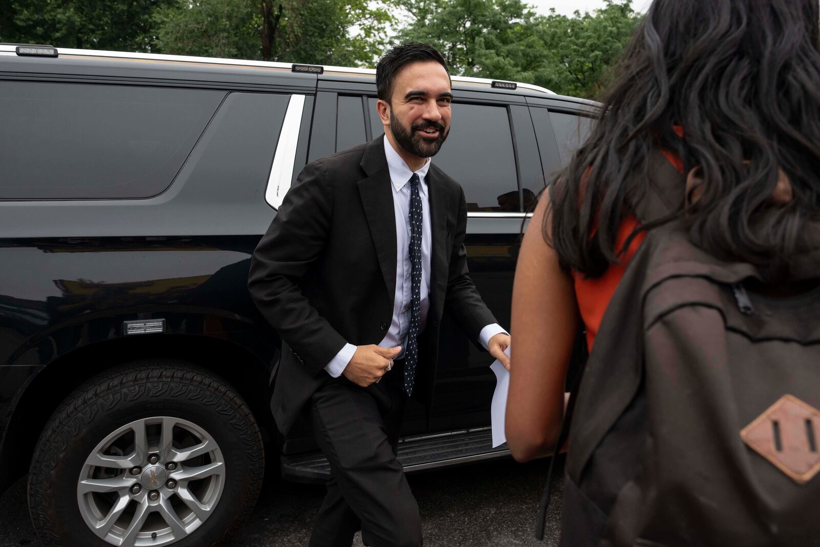 FILE - Democratic mayoral candidate Zohran Mamdani arrives at House of Justice for National Action Network's Saturday action rally in Harlem, Saturday, June 28, 2025, in New York. (AP Photo/Yuki Iwamura, File)