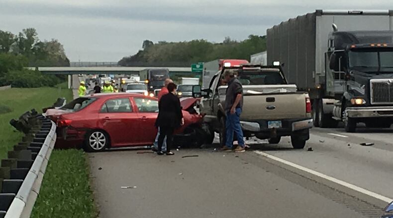 Emergency crews responded to a two-vehicle crash on Interstate 75 south Monday morning between the Middletown and Monroe exits. RICK MCCRABB/STAFF