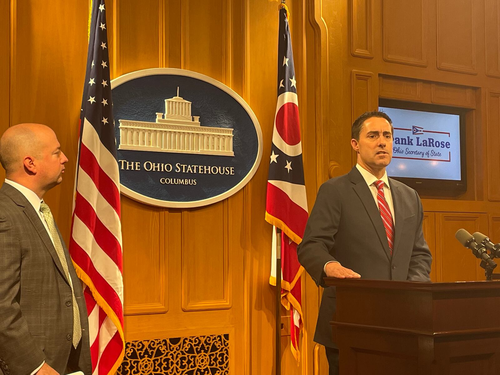 Ohio Secretary of State Frank LaRose, right, announces a proposed amendment to the Ohio Constitution on Nov. 17, 2022. The amendment would make it harder for future amendments via citizen petition drives to pass. At left is state Rep. Brian Stewart, R-Ashville, who sponsors the proposal.