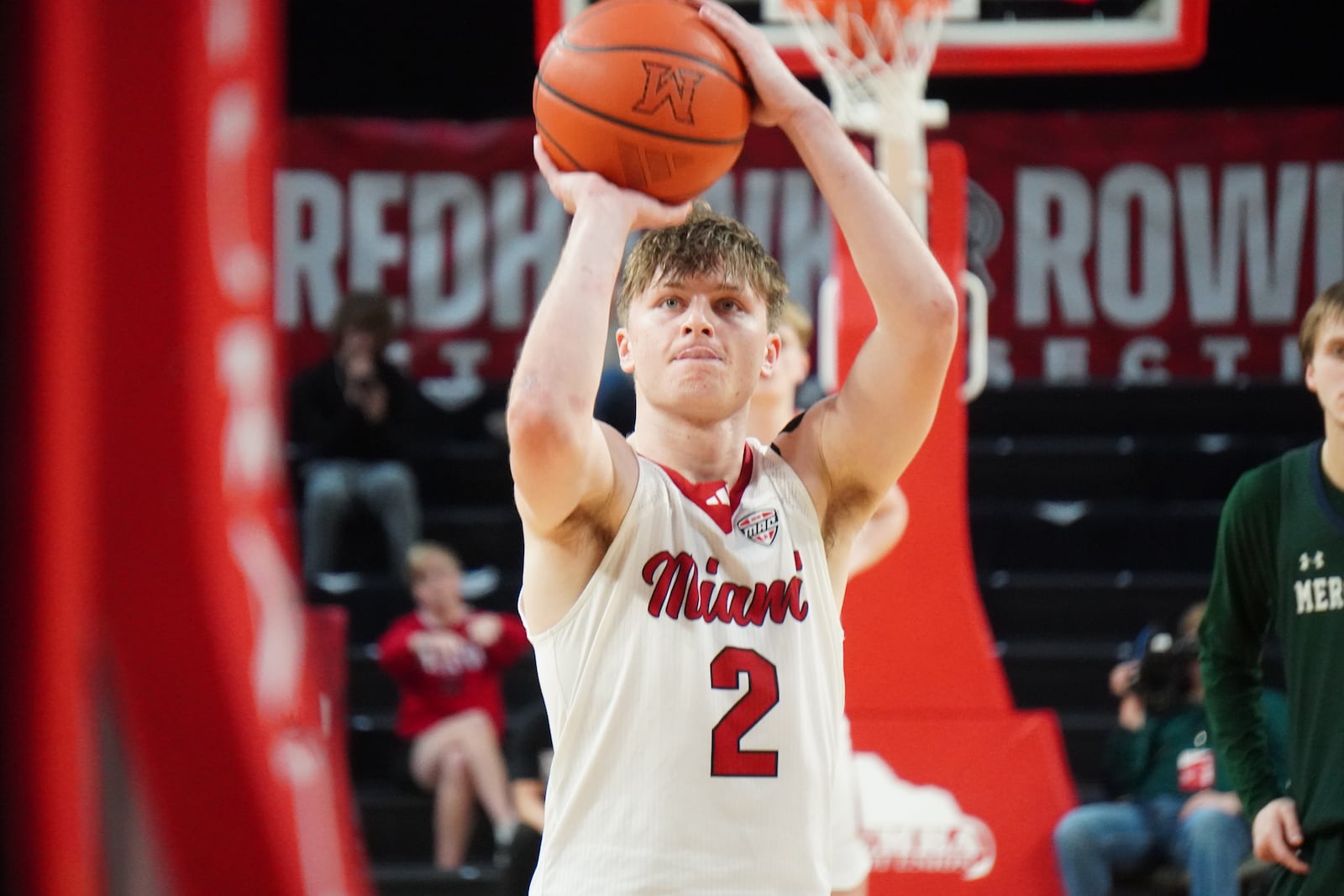 Miami’s Evan Ipsaro eyes a free throw attempt against Mercyhurst on Thursday night at Millett Hall. CHRIS VOGT / CONTRIBUTED