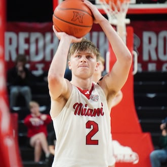 Miami’s Evan Ipsaro eyes a free throw attempt against Mercyhurst on Thursday night at Millett Hall. CHRIS VOGT / CONTRIBUTED