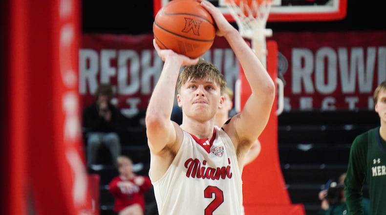 Miami’s Evan Ipsaro eyes a free throw attempt against Mercyhurst on Thursday night at Millett Hall. CHRIS VOGT / CONTRIBUTED