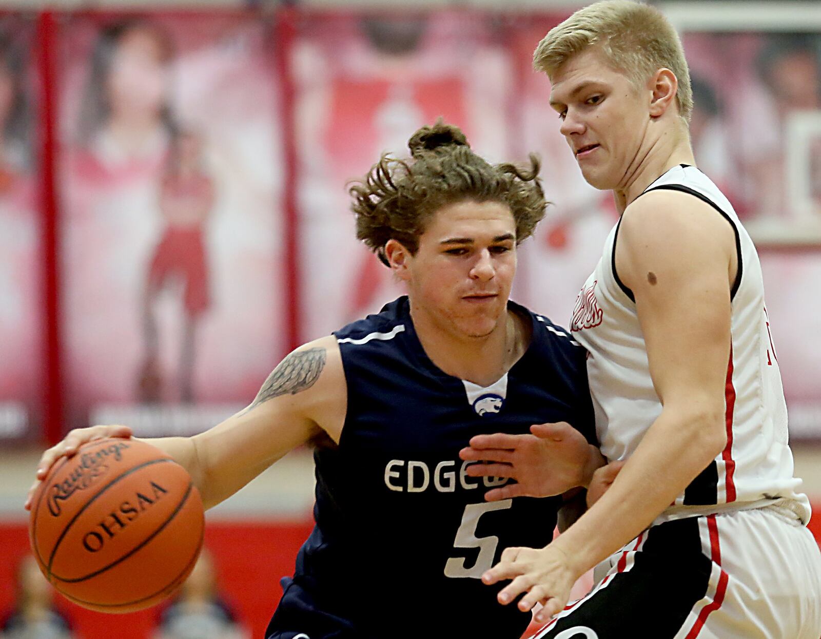 Edgewood guard Drew Reckart attempts to drive on Oak Hills guard Jacob Woycke during their Division I sectional game at Fairfield Arena on Tuesday night. CONTRIBUTED PHOTO BY E.L. HUBBARD