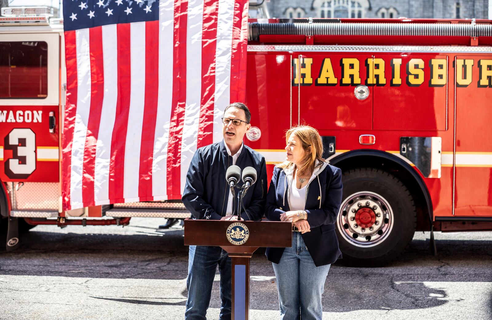 Pennsylvania Gov. Josh Shapiro and first lady Lori Shapiro answer questions during a news conference after serving lunch to firefighters to thank them for responding to Sunday's arson attack at the Governor's Residence, Thursday, April 17, 2025. (Dan Gleiter/The Patriot-News via AP)