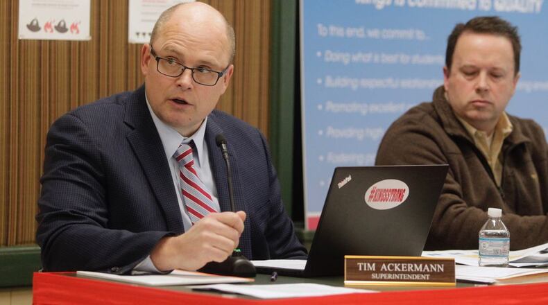 Even in the shadow of the coronavirus pandemic, area school superintendents are largely staying in their positions for next school year with a few exceptions. Kings Schools Superintendent Tim Ackermann, pictured, is leaving at the end of the school year for another education leadership position and Mason Schools Superintendent Jonathan Cooper was for a time a finalist for another job before withdrawing his name. (File Photo\Journal-News)