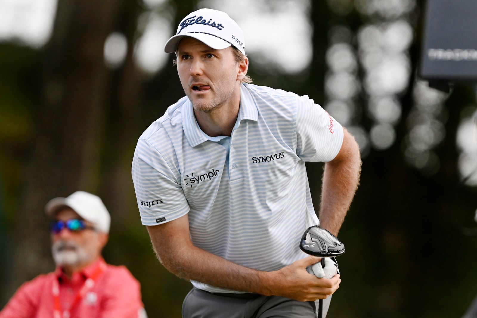 Russell Henley watches his tee shot on the 18th hole during the third round of the Travelers Championship golf tournament at TPC River Highlands, Saturday, June 21, 2025, in Cromwell, Conn. (AP Photo/Jessica Hill)