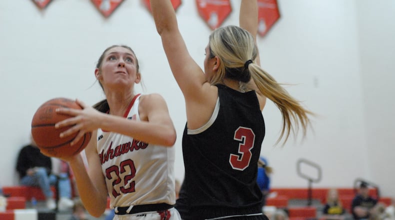 Madison's Ella Campbell (22) looks to put up a shot over Preble Shawnee's Liv Thompson (3) on Monday night. Chris Vogt/CONTRIBUTED