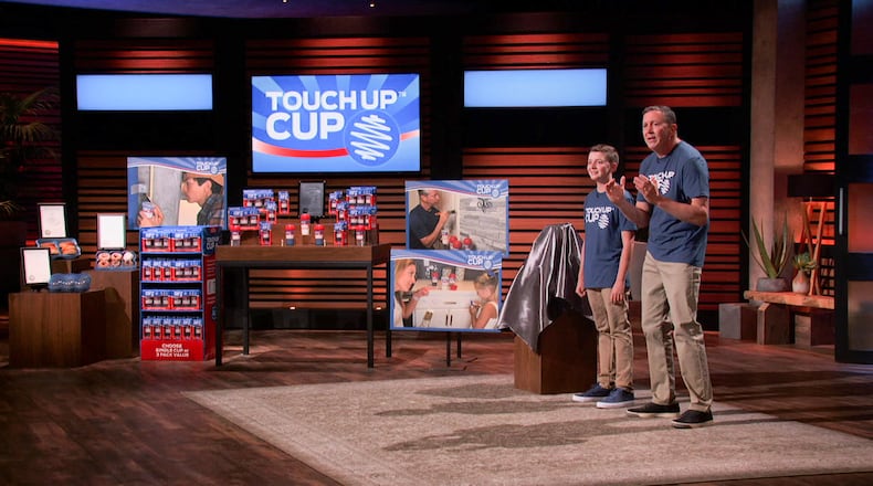 Carson Grill, 15, a freshman at Fenwick High School, and his father, Jason, entered the Tank to pitch Carson’s paint saving invention, The Touch Up Cup. SUBMITTED PHOTO