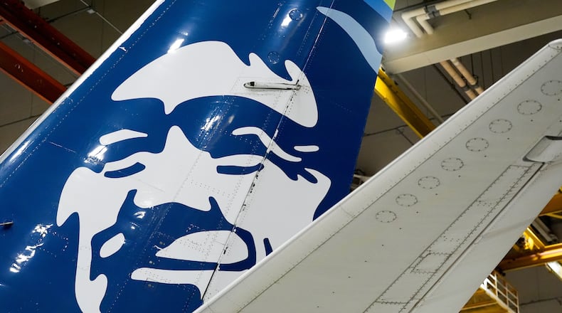 FILE - An Alaska Airlines aircraft sits in the airline's hangar at Seattle-Tacoma International Airport, Jan. 10, 2024, in SeaTac, Wash. (AP Photo/Lindsey Wasson, File)