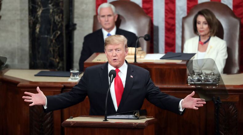 President Donald Trump makes his State of the Union speech Tuesday, Feb. 5, 2019, as Vice President Mike Pence and Speaker of the House Nancy Pelosi look on.