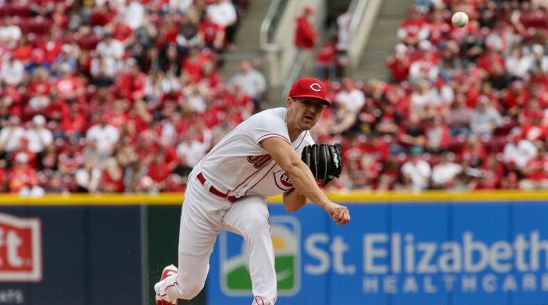 Reds starter Tyler Mahle pitches against the Guardians on Opening Day on Tuesday, April 12, 2022, at Great American Ball Park in Cincinnati. David Jablonski/Staff