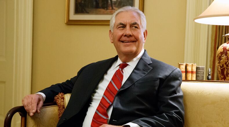 FILE - In this Jan. 4, 2017, file photo, Secretary of State-designate Rex Tillerson pauses during a meeting with Senate Majority Leader Mitch McConnell of Ky. on Capitol Hill in Washington. Friend of Russia and foe of sanctions in his corporate life, President-elect Donald Trump’s nominee for secretary of state, Tillerson, is an unorthodox choice for a Republican White House. He may feel perfectly at home in Trump’s iconoclastic administration. (AP Photo/Evan Vucci)