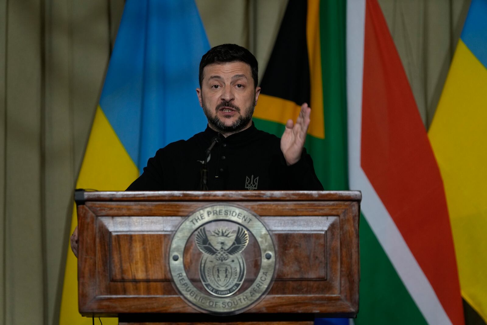 Ukrainian President Volodymyr Zelenskyy addresses a news conference at the Union Buildings in Pretoria, South Africa, Thursday, April 24, 2025 with South Africa's President Cyril Ramaphosa. (AP Photo/Themba Hadebe)