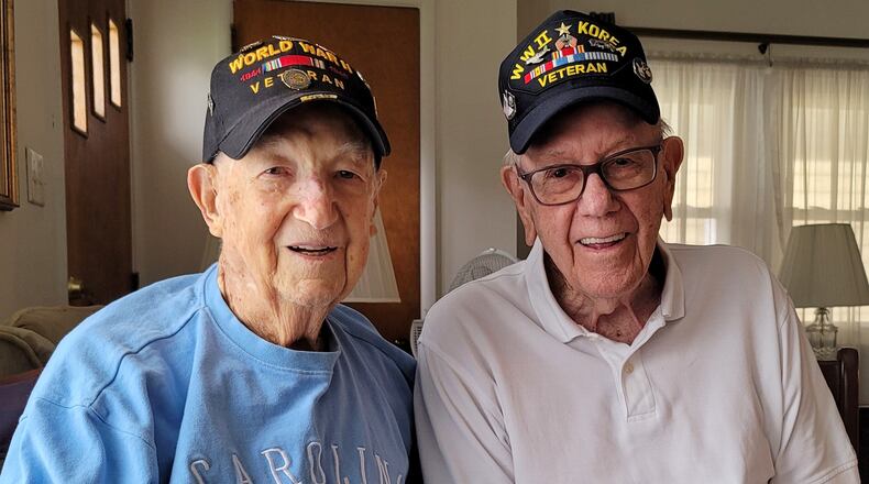 Earl "Larry" Reynolds, left, and Donald Saylor, both Wirld War II veterans, will serve as Grand Marshall's in the Middletown Memorial Day parade. Reynolds serve in the Army and Saylor served in the Navy. NICK GRAHAM / STAFF