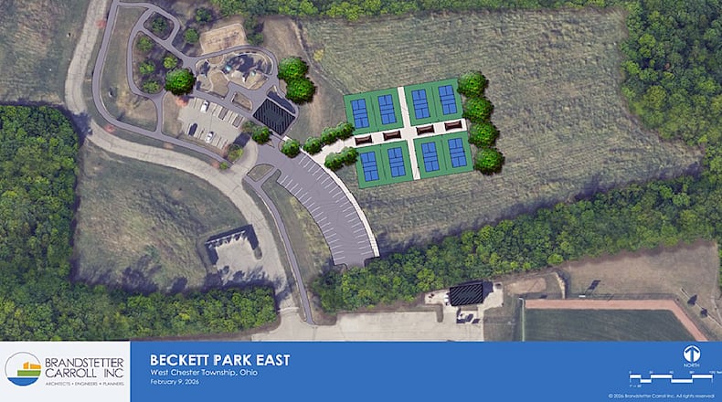 Eight pickleball courts, a trail loop, and additional parking are included in plans for improvements to the east side of Beckett Park. CONTRIBUTED