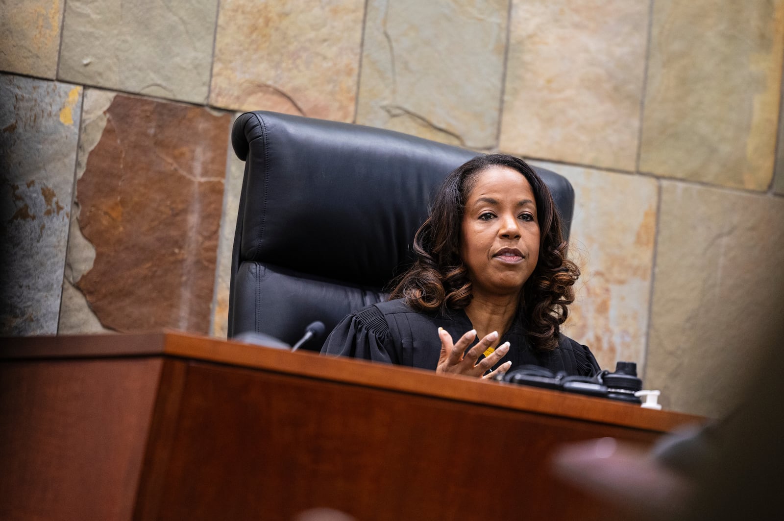 Judge Christina Mims declares a mistrial after the jury could not reach a verdict in the murder trial for former Grand Rapids Police officer Christopher Schurr at the Kent County Courthouse in Grand Rapids, Mich., Thursday, May 8, 2025. (Joel Bissell/MLive.com/Kalamazoo Gazette via AP)