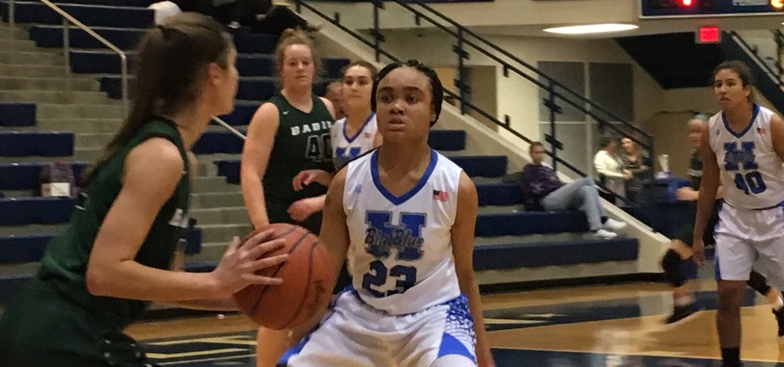 Hamilton’s Makayla Rogers (23) guards Badin’s Grace Larkin on Monday night at the Hamilton Athletic Center. RICK CASSANO/STAFF