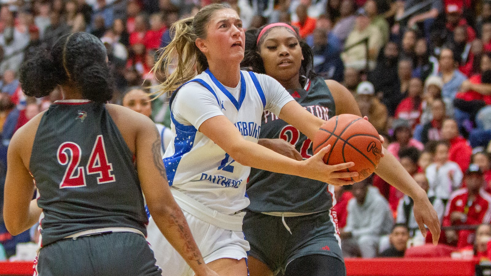 Springboro senior Bryn Martin splits the defense and looks for a shot during the Panthers' comeback in their state semifinal loss to Cincinnati Princeton on Sunday at Fairfield High School.  JEFF GILBERT / CONTRIBUTED PHOTO