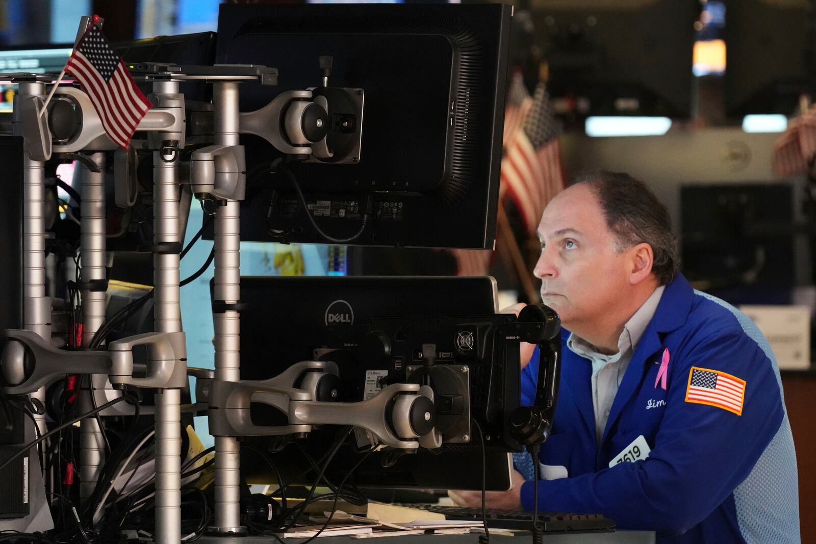 James Conti works on the floor at the New York Stock Exchange in New York, Thursday, April 3, 2025. (AP Photo/Seth Wenig)