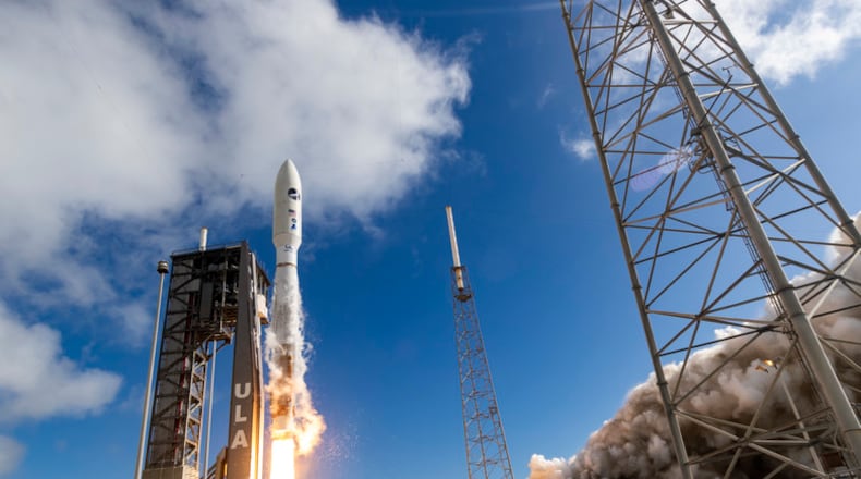 An Atlas V carrying the US Space Force-7 mission to space lifts off from Space Launch Complex-41 at Cape Canaveral Air Force Station, Fla., May 17. The mission marks marks the 80th successful mission in a row for the National Security Space Launch program. (Photo courtesy of United Launch Alliance)
