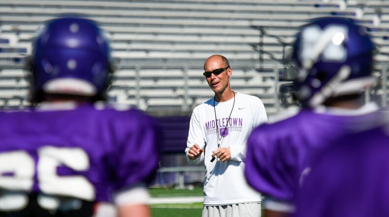 Lance Engleka, shown during a Sept. 20, 2016 practice session at Barnitz Stadium, has resigned after two seasons as Middletown High School’s head football coach. NICK GRAHAM/STAFF