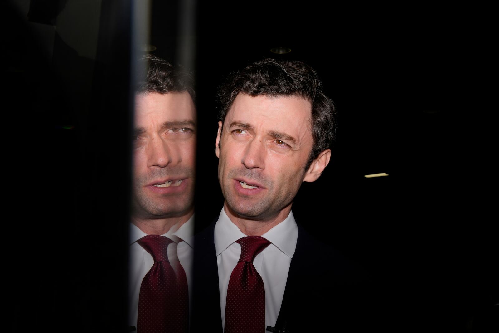 Sen. Jon Ossoff, D-Ga., speaks during an interview at Dobbins Air Reserve Base, Saturday, April 26, 2025, in Marietta, Ga. (AP Photo/Brynn Anderson)
