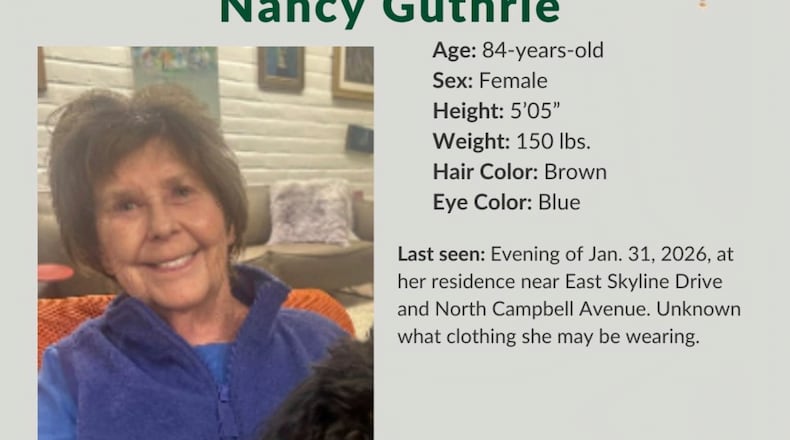 FILE - This image provided by the Pima County Sheriff's Department on Feb. 2, 2026, shows a missing person alert for Nancy Guthrie. (Pima County Sheriff's Department via AP, File)