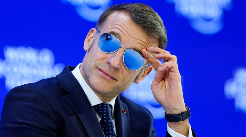 French President Emmanuel Macron is seen during the Annual Meeting of the World Economic Forum in Davos, Switzerland, Tuesday, Jan. 20, 2026. (AP Photo/Markus Schreiber)