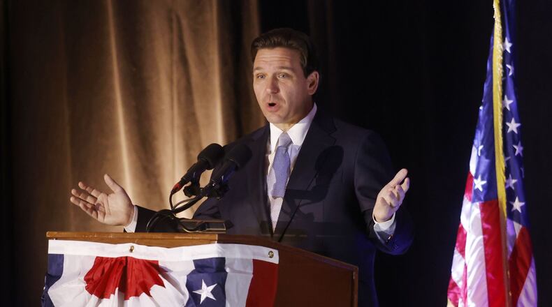 Florida Gov. Ron DeSantis speaks at the Butler County GOP Lincoln Day dinner on April 13 | Nick Graham/Staff