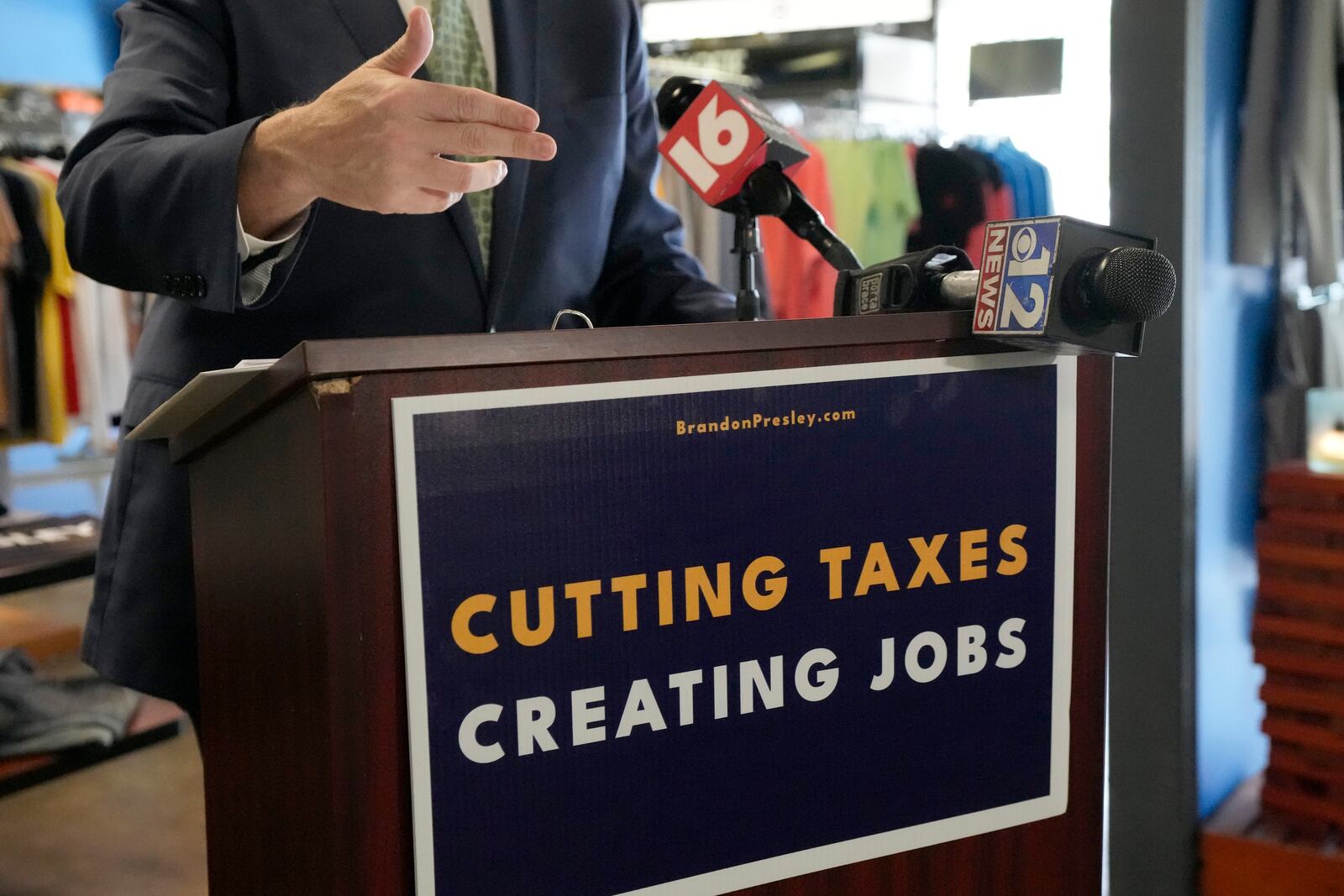 FILE - Northern District Public Service Commissioner Brandon Presley, the Democratic nominee for Mississippi governor, gives a news conference, June 22, 2023, at a locally owned clothing store in Jackson, Miss. (AP Photo/Rogelio V. Solis, File)