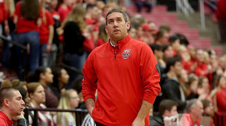 Lakota West coach Matt Rooks is shown coaching the Firebirds at Fairfield on Feb. 5, 2016. COX MEDIA FILE PHOTO