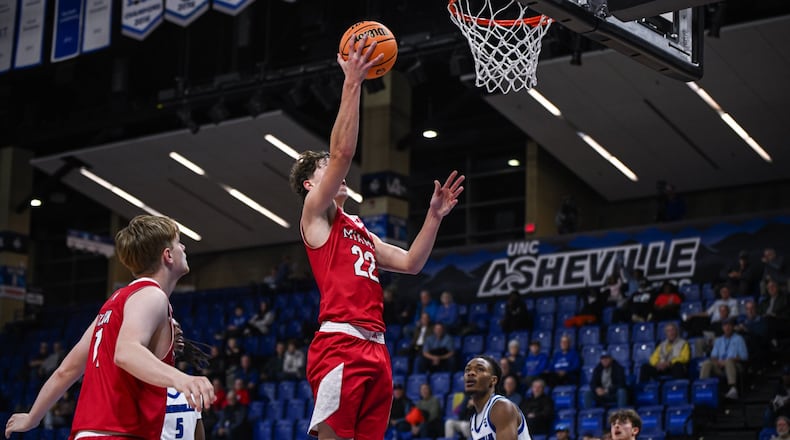 Miami’s Brant Byers goes up for a shot against UNC Asheville on Wednesday night. MIAMI ATHLETICS PHOTO