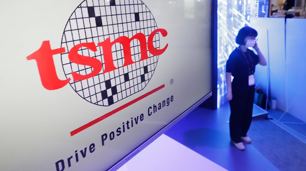 FILE - This photo shows the logo of TSMC (Taiwan Semiconductor Manufacturing Company) during the Taiwan Innotech Expo at the World Trade Center in Taipei, Taiwan, Oct. 14, 2022. (AP Photo/Chiang Ying-ying, File)