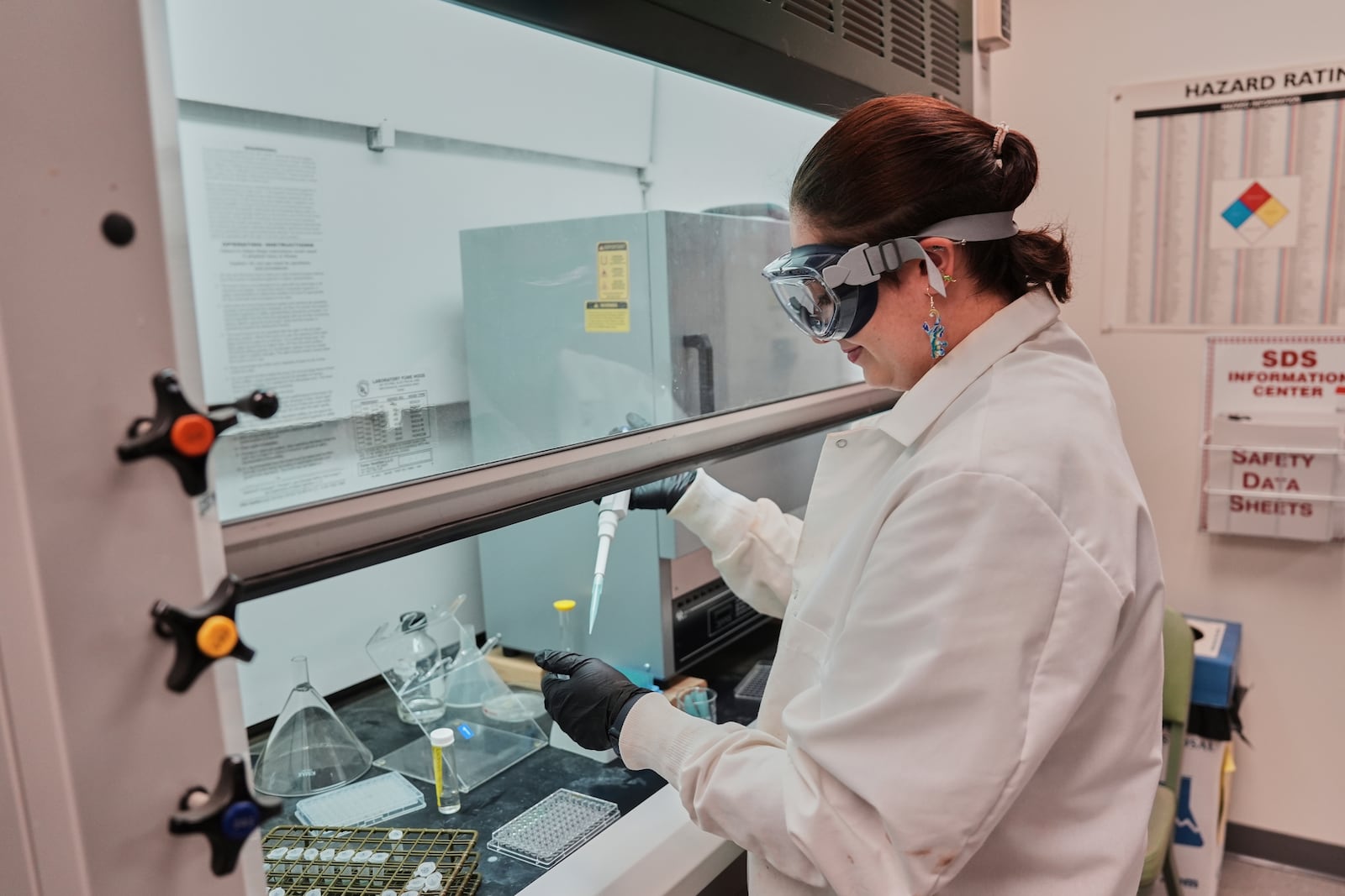 Reese Jackson draws a sample used to measure the hydration level in bees Tuesday, June 17, 2025, at Bowling Green State University in Bowling Green, Ohio. (AP Photo/Joshua A. Bickel)