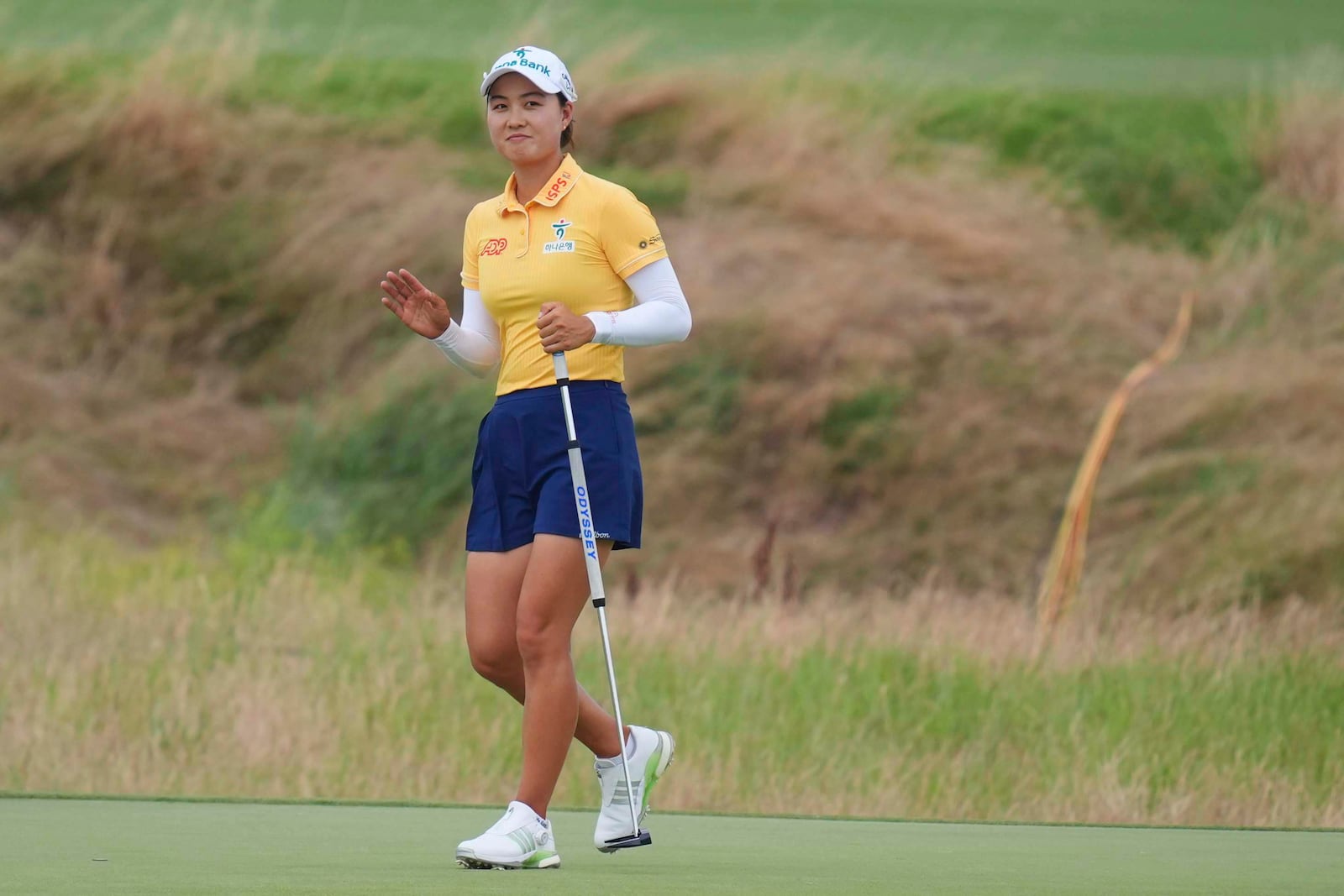 Minjee Lee reacts to sinking a putt on the 14th hole during the first round of the Women's PGA Championship golf tournament Thursday, June 19, 2025, Frisco, Texas. (AP Photo/LM Otero)