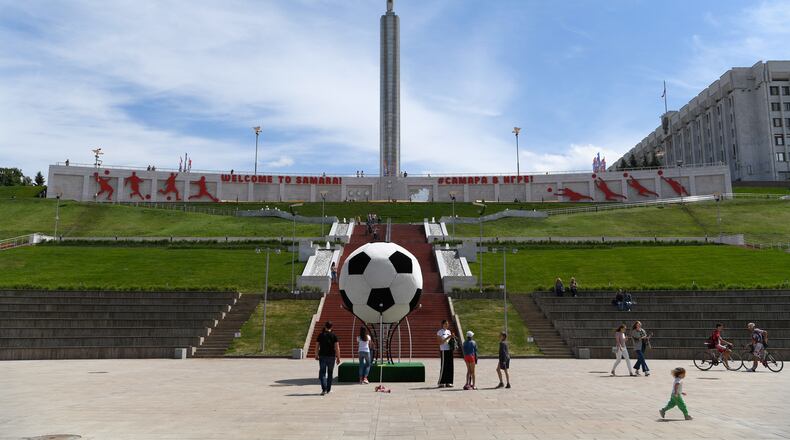 SAMARA, RUSSIA - JUNE 14: A general view of Football activity infront of the Monument of Glory statue in Samara prior to the 2018 FIFA World Cup i on June 14, 2018 in Samara, Russia. (Photo by Stu Forster/Getty Images)