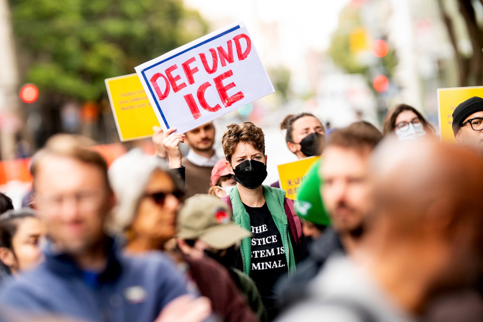 Union workers rally for David Huerta, the president of Service Employees International Union California, who was arrested during a Los Angeles protest, on Monday, June 9, 2025, in San Francisco. (AP Photo/Noah Berger)