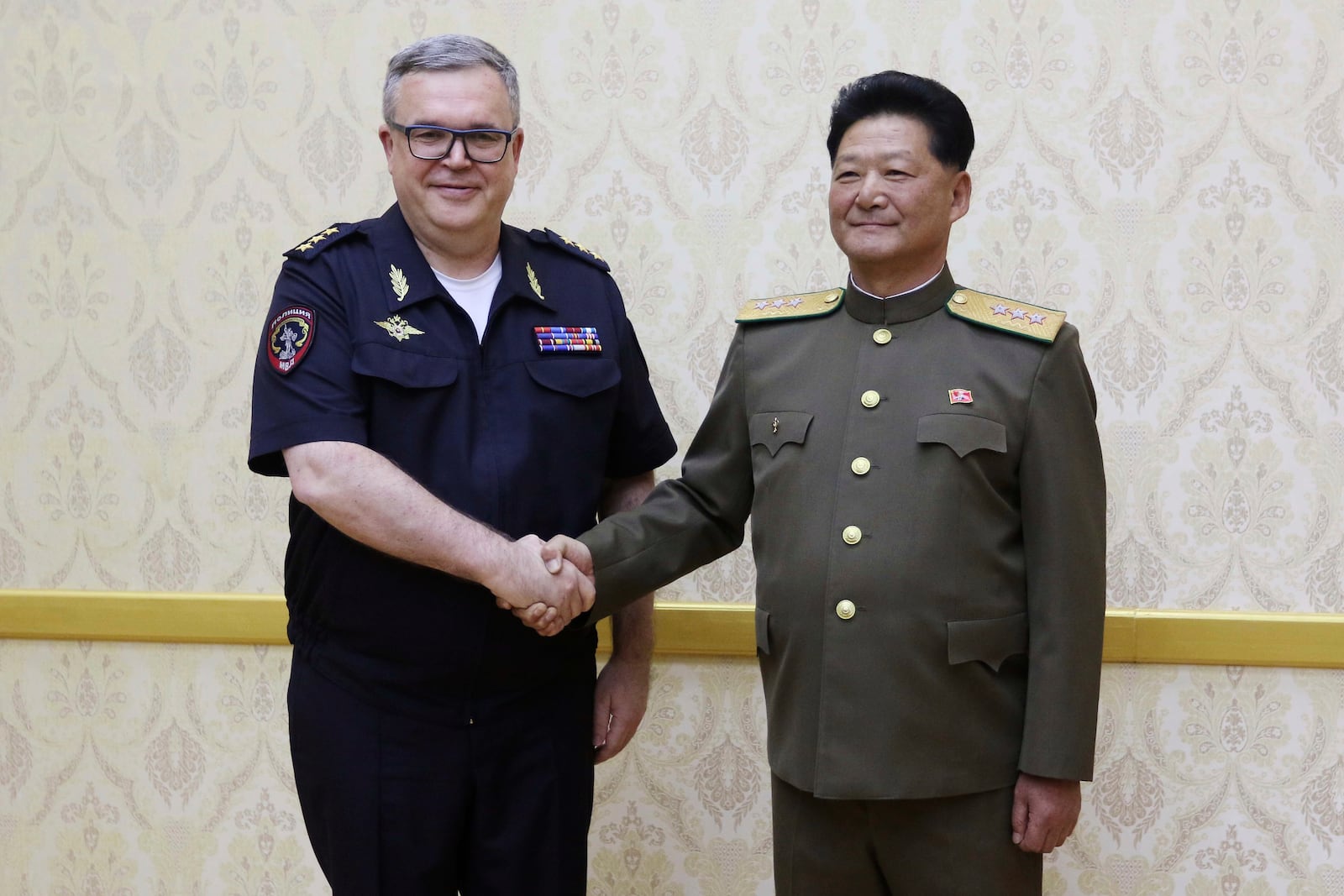 North Korean Public Security Minister Pang Tu Sop, right, meets with Russian Vice Interior Minister Vitaly Shulika at the Mansudae Assembly Hall in Pyongyang, North Korea Wednesday, May 28, 2025. (AP Photo/Jon Chol Jin)