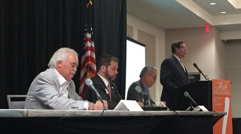 Panelists at the Think Regional Summit, held April 28, 2017, at Central Park of West Chester, included (left to right) Alfonso Cornejo, president of the Cincinnati Hispanic Chamber of Commerce; Brendon Cull, chief operating officer of the Cincinnati USA Chamber of Commerce; Phillip Parker, president and CEO of the Dayton Chamber of Commerce; and Joe Hinson, president and CEO of the West Chester-Liberty Chamber Alliance. ERIC SCHWARTZBERG/STAFF