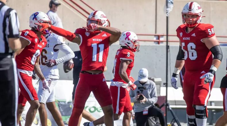 Miami's Javon Tracy (11) celebrates after making a first down against Central Michigan on Oct. 26 at Yager Stadium. Miami Athletics photo