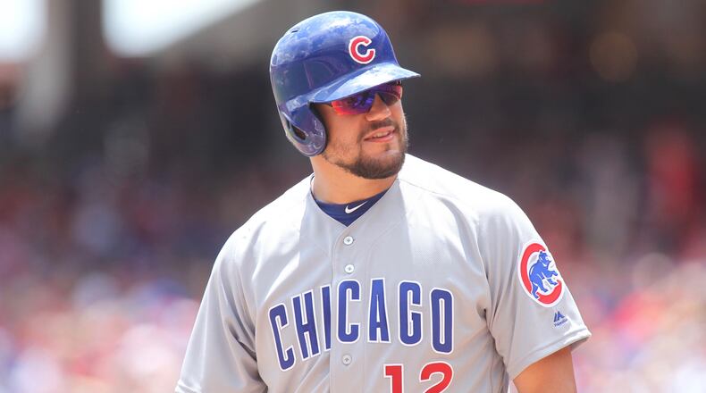 The Cubs’ Kyle Schwarber reacts after a strike call on Sunday, June 24, 2018, at Great American Ball Park in Cincinnati. David Jablonski/Staff