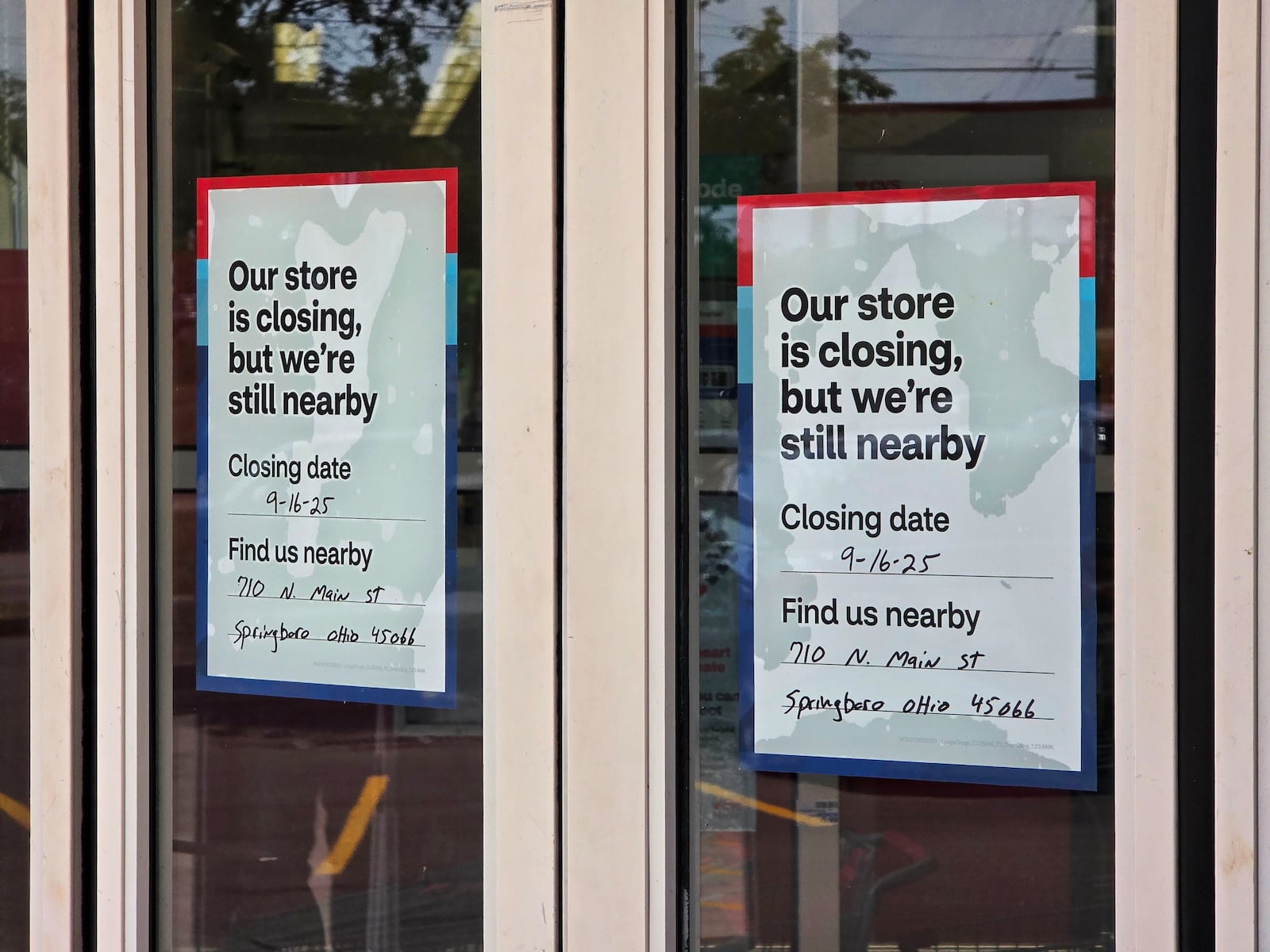 The Franklin CVS store at 150 S. Main St. in Franklin is closing Sept. 19. A sign directs customers to a neighboring store at 710 N. Main St. in Springboro. NICK GRAHAM/STAFF