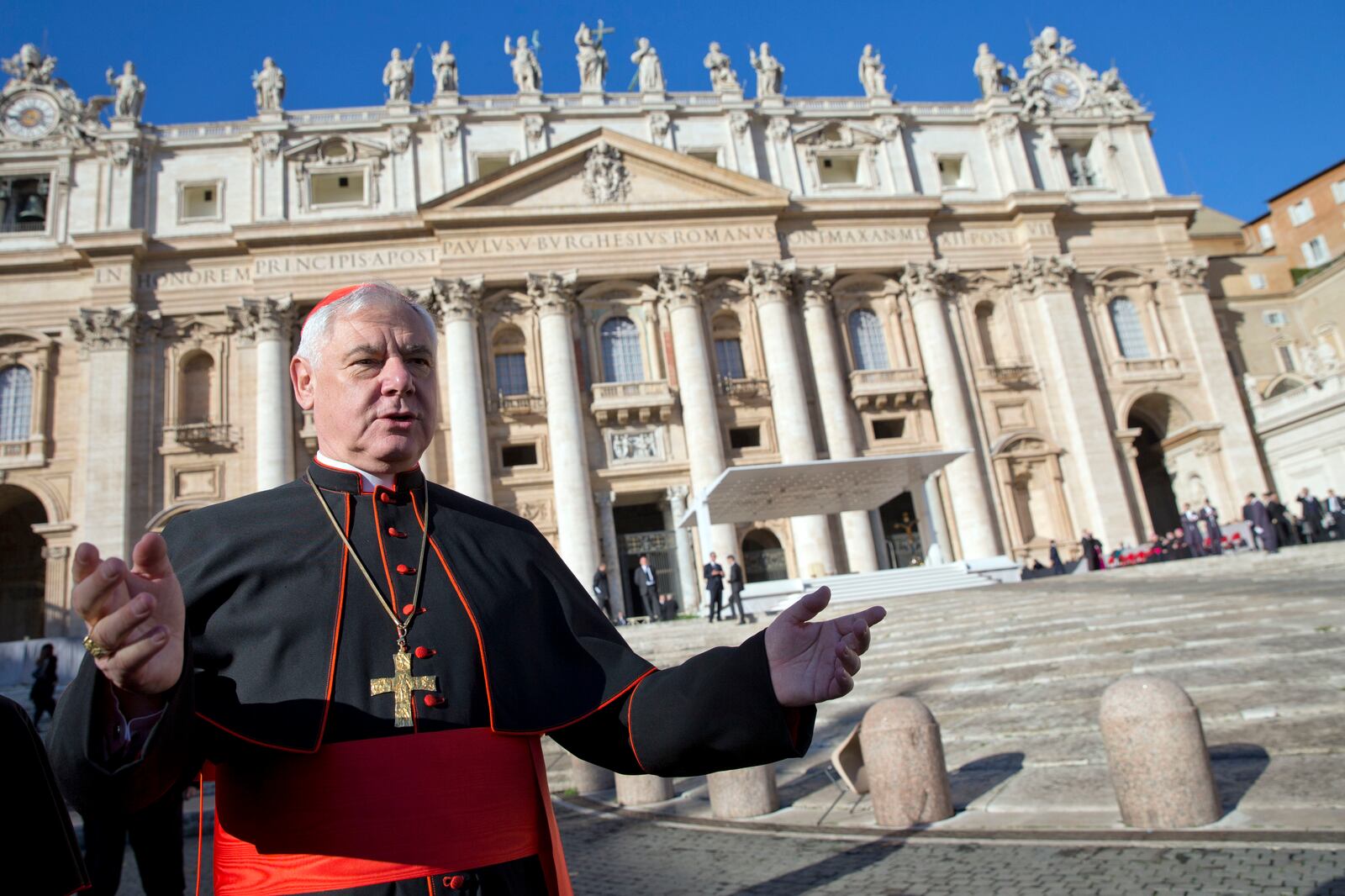 FILE - Cardinal Gerhard Ludwig Mueller arrives in St. Peter's Square at the Vatican to attend the weekly general audience held by Pope Francis, Nov. 19, 2014. (AP Photo/Andrew Medichini, File)