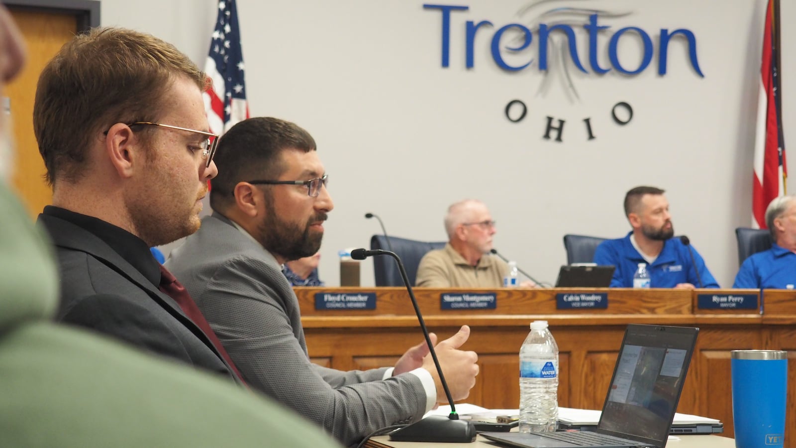 Trenton Finance Director Matthew Mesisklis (L), City Manager Marcos Nichols (R) and city council fielded questions and comments from residents about a planned data center during an over 4-hour packed council meeting. BRYN DIPPOLD/STAFF