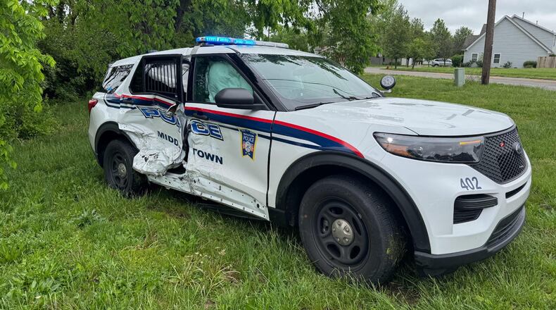 A Middletown police cruiser was hit Sunday by a stolen vehicle, causing an officer minor injuries. Contributed.