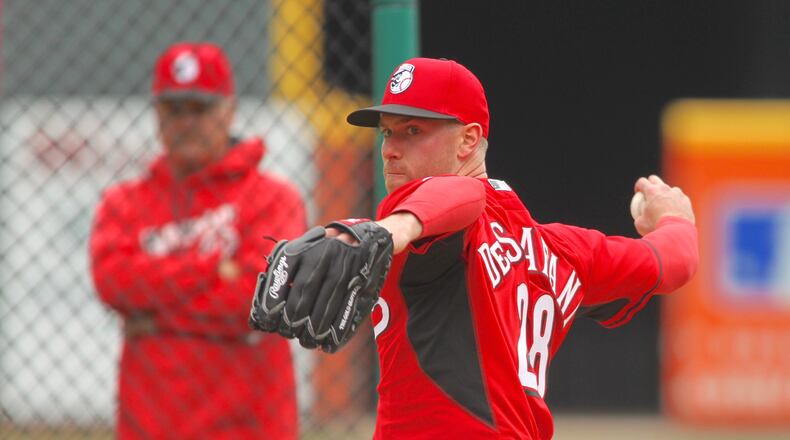 Reds pitcher Anthony DeSclafani throws a simulated game on April 6, 2016, at Great American Ball Park in Cincinnati. David Jablonski/Staff