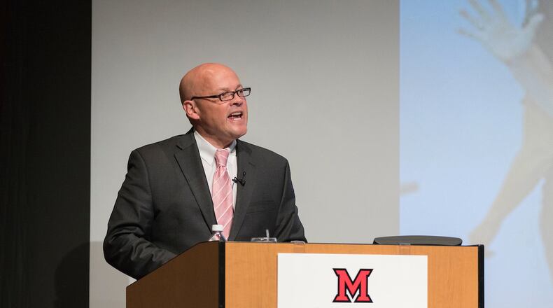 FILE: Miami University’s 22nd President - Gregory Crawford - delivered the annual address on the school’s main Oxford campus. Crawford told an audience in the Armstrong Student Center despite the school’s national acclaim, the future can not depend on the status quo in the school’s many heralded academic programs. Crawford is pictured here at a previous speech on campus.